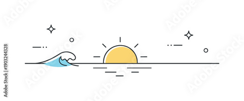 Minimal seaside composition. A simple horizon line with sea, sun, and a small wave, capturing openness and slow time. Floating dots and lines
