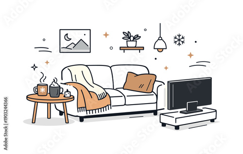 Winter evening movie setup. Sofa with warm throws, side table with hot drinks, and TV screen softly illuminating the room, peaceful and