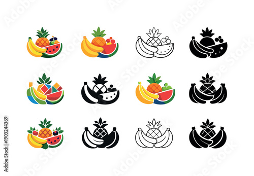 Fruits. Icon set. Set Logo of Fruits: tropical fruit cluster. harmonious logo variations of the same emblematic concept, each with different