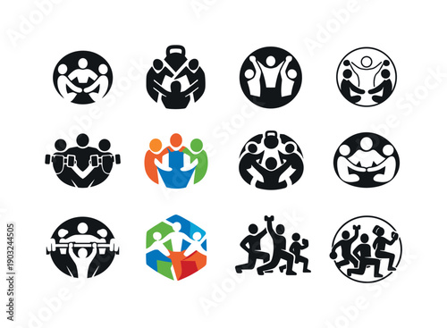 Fitness Class Icon Set. Fitness classes. Icon set. Set Logo of Fitness classes: group fitness training circle. harmonious logo variations of the same