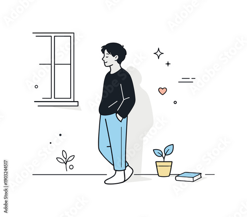 Quiet Reflection Scene. Moment of stillness. A person stands quietly near a window or wall, soft shadows cast around them, doing nothing but being there. The