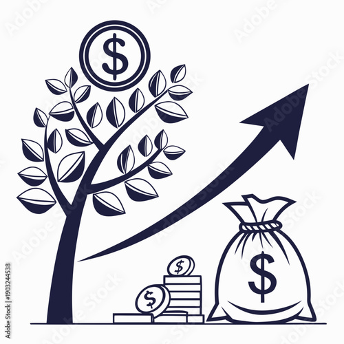 A tree with money bags at its roots and an upward arrow indicating growth and financial success. Vector