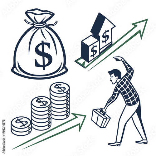A person struggling with financial burdens and economic challenges represented by money bags and a graph. Vector