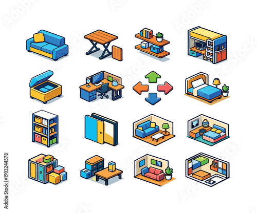 Space optimization. Colorful isometric vector icons set of Space optimization: compact sofa, foldable table, wall shelves, multi functional