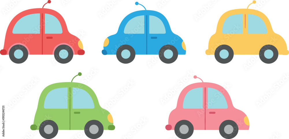 Naklejka premium Cute colorful cartoon car icons set with small vehicles side view illustration