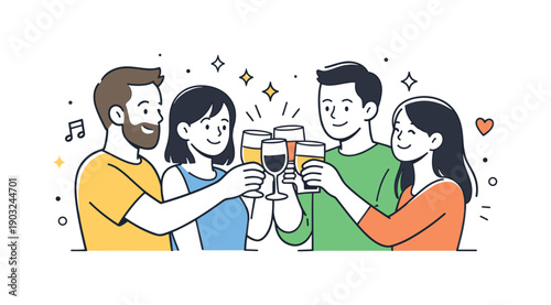 Joyful Celebration Moments. Party illustrations. Friends clinking glasses with gentle smiles. Moment of connection, shared joy, and simple celebration.