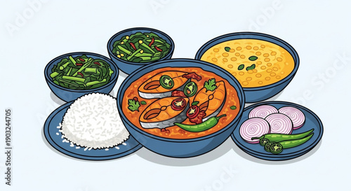 A vibrant illustration of a delicious and healthy Indian fish curry meal with rice and vegetables, perfect for culinary art and food blogs