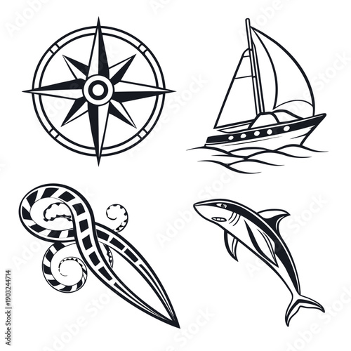 Illustrations of a compass, sailboat, dolphin, and seashell Vector