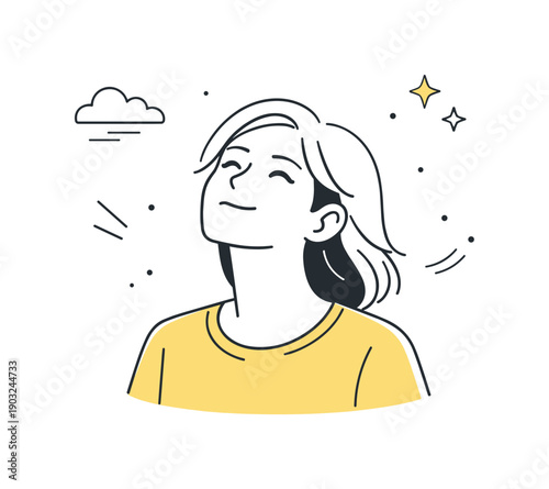 People squinting in bright light. Person looks upward with a gentle squint, sunlight implied without harsh rays. Soft discomfort, warm