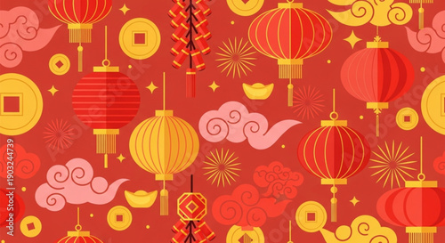 Vibrant seamless pattern showcasing traditional Asian festive elements like ornate red lanterns, golden coins, and auspicious cloud motifs for Lunar New Year celebrations and cultural events
