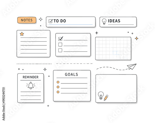 Minimal note taking blocks. Editorial composition featuring reusable note cards, headers, and dividers arranged in a grid with plenty of