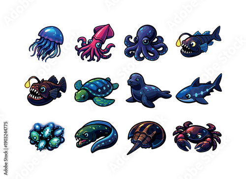 Ocean nocturnal life. Colorful isometric vector icons set of ocean nocturnal life: bioluminescent jellyfish, squid, octopus, lanternfish,