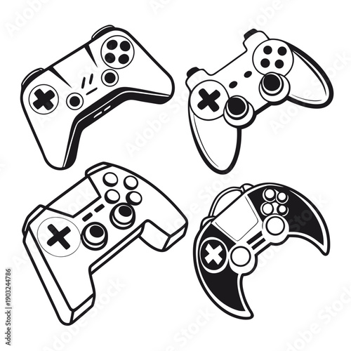 A variety of video game controllers displayed in a circular arrangement. Vector