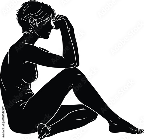 Sad woman silhouette illustration, depressed female sitting alone concept isolated on white background