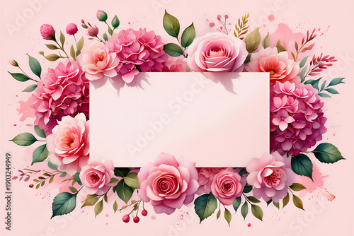 Pink Floral Border with Blank Card: Roses, Hydrangeas, and Green Leaves Frame, Soft Pastel Background