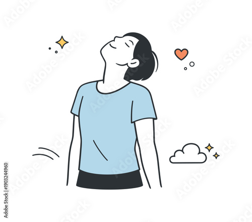 People leaning heads back. A person stretches gently with head leaning back and arms relaxed at sides. Quiet physical release, everyday