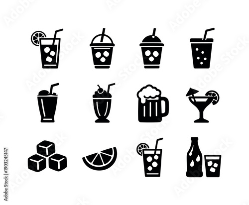 Cold Drink Icons. Cold summer drinks. Solid icon set of Cold summer drinks: lemonade glass, iced coffee, iced tea cup, soda with straw, smoothie glass,