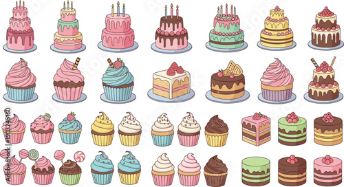 Hand drawn birthday cake and cupcake collection featuring colorful frosted desserts sweets and pastries cartoon vector illustration set