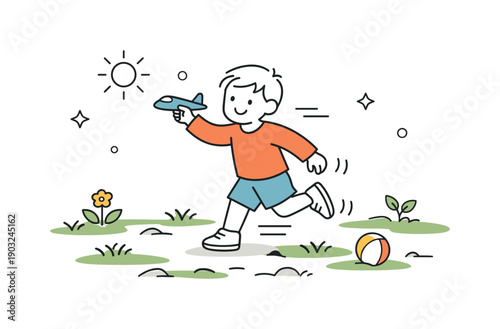 Park grass still patchy. Child playing on uneven grass, small movement lines showing gentle motion. Early spring playfulness in a