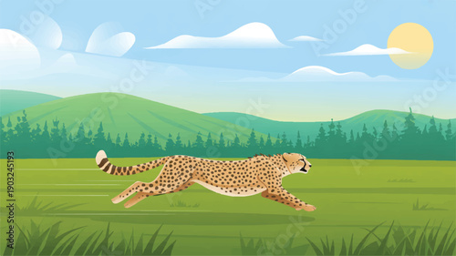 A digital illustration of a cheetah running at high speed across a green grassy plain (4)_traced