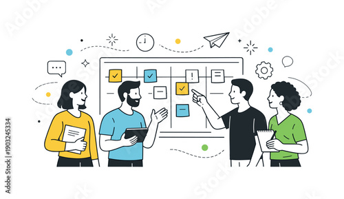 Teamwork in Action. Team planning session. Multiple team members gather around a large task board, discussing assignments and priorities, abstract floating