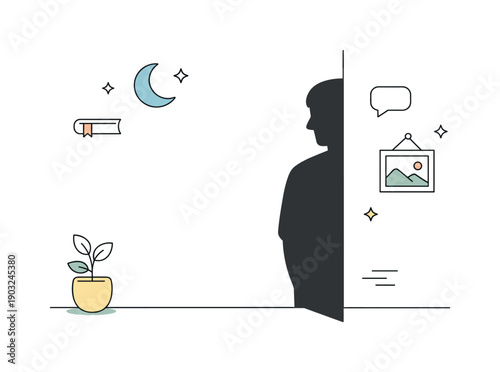 Human presence through shadows. Only a silhouette shadow visible on a wall, the person partially out of frame. Suggestion of presence,