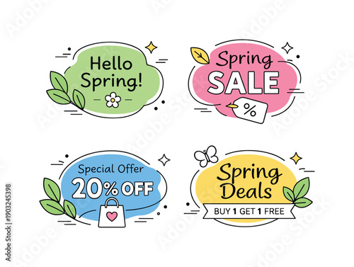 Spring promotion stickers. Abstract badge shapes combined with leaves, dots, and soft motion lines, creating a playful yet restrained sale