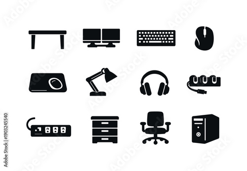 Workstation Essentials. Solid icon set of Workstation Essentials: desk, dual monitors, keyboard, mouse, mouse pad, desk lamp, headphones,