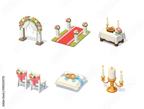Wedding ceremony. Isometric flat vector icons set of Wedding ceremony: wedding arch with flowers, ceremonial aisle with runner, altar table