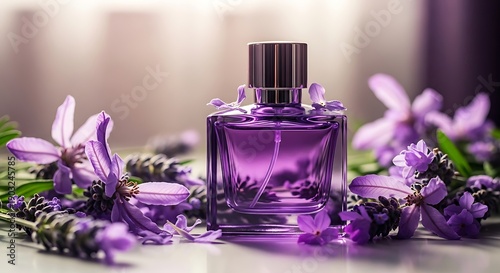A purple perfume bottle surrounded by lavender flowers on a white surface with a blurred background
