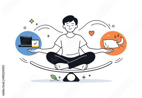 Wellbeing balance. A character gently balances work and rest symbols, showing harmony and self-awareness. Editorial scene with smooth curves