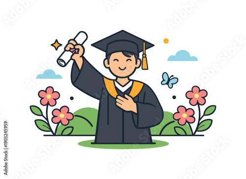 Spring graduation ceremony proud moment with a graduate wearing a cap and gown surrounded by blossoms, expressing achievement, growth and