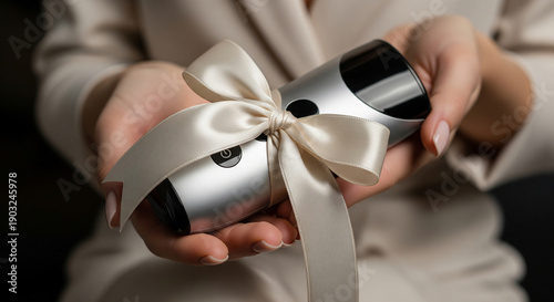 Sophisticated lifestyle close-up of female hands holding elegant sex toy vibrator wrapped as a gift in silk ribbon; concept of sexual well-being, self-care and modern intimacy