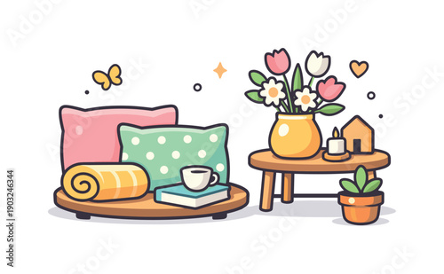 Spring home decor a compact interior vignette with pastel cushions, flowers, and simple decor accents, conveying calm joy and a fresh spring