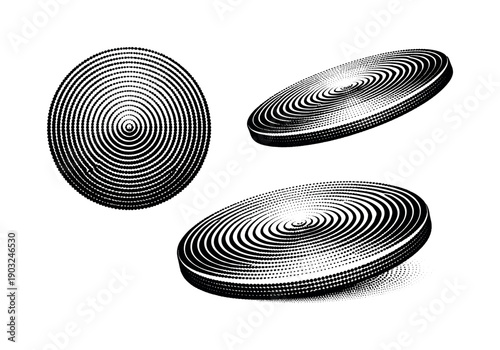 Circular halftone ripple disc, a single concentric circular disc object represented in flat front view, angled side view, and three-quarter