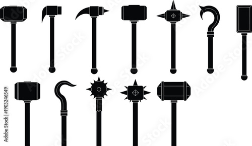 Fantasy weapon mace silhouettes set medieval spiked hammer club war tools black isolated vector icons
