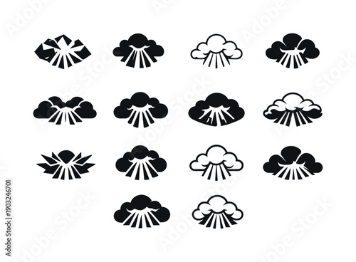 Light through clouds. Icon set. Set Logo of Light through clouds: dramatic cloud opening. harmonious logo variations of the same emblematic
