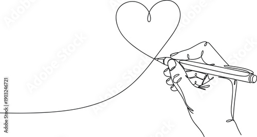 Continuous line drawing hand holding pen drawing heart shape love concept minimalist romantic outline vector