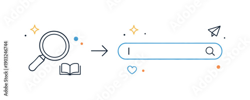 Search bar concept. Minimal editorial scene with magnifying glass transforming into a clean input field. Symbol of exploration, curiosity,