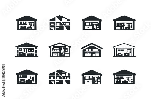 Reorganizing the garage for more space. Icon set. Set Logo of Reorganizing the garage for more space: smart garage storage system. harmonious