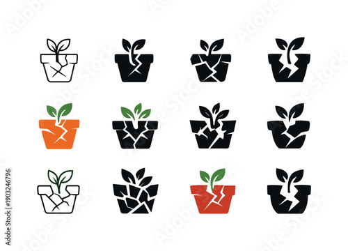Shattered Flower Pot. Icon set. Set Logo of Shattered Flower Pot: broken ceramic pot with cracks. harmonious logo variations of the same