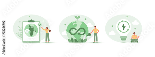 Circular economy illustration set. Sustainable economic growth strategy with resource reuse, CO2 emission reduction, and climate impact mitigation. ESG, green energy, and industrial sustainability.