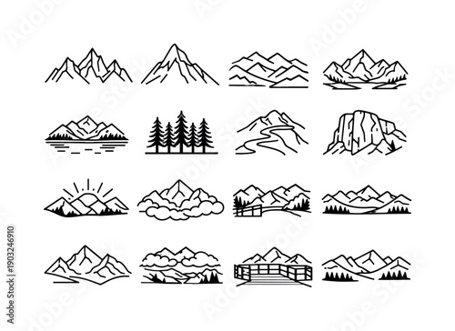 Mountain Icons Collection. Mountain landscapes. Line icon set of Mountain landscapes: sharp mountain range, snow peak, layered ridges, alpine valley, mountain