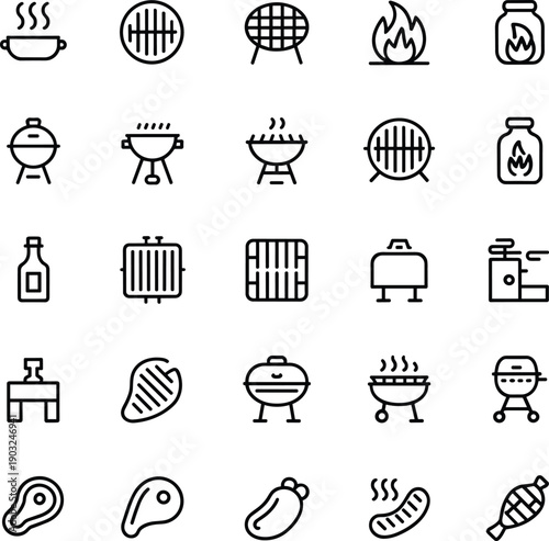 Grill, barbecue, cooking, flame, meat, steak, sausage, hotdog, smoker, outdoor, picnic, kitchen, icon, vector, silhouette, food, party, summer, BBQ, design, set