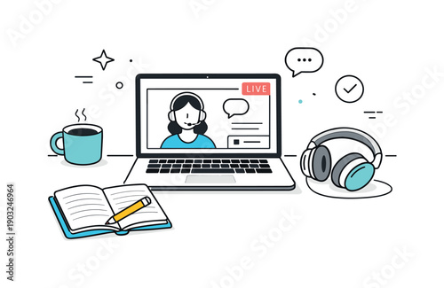 Online courses and webinars. A calm study corner with a laptop, headphones, and notes ready for a live session. Prepared, focused learning