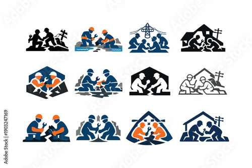 Disaster Repair Icons. Workers repairing damaged infrastructure after disasters. Icon set. Set Logo of Workers repairing damaged infrastructure after