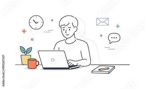 Emotional withdrawal in office life. Abstract composition showing a character partially outlined, gently fading into the background while