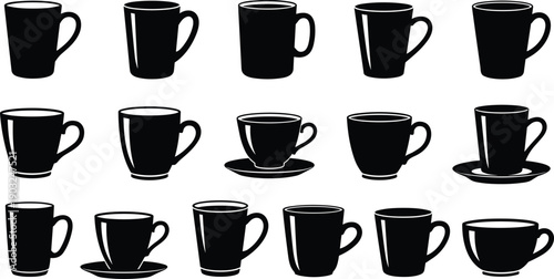 Coffee cup silhouettes set mug and teacup collection black beverage icons isolated vector illustrationCoffee cup silhouettes set mug and teacup collection black beverage icons isolated vector  