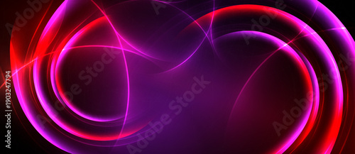 Abstract swirls, vibrant magenta, red hues dominate dark background. Dynamic energy radiates from flowing lines.