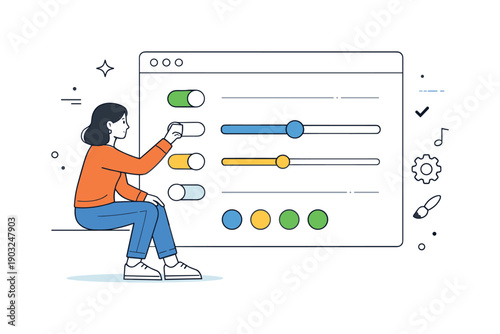 Web platform settings and customization. A user adjusting sliders and toggles on a web interface, showing personalization and control. Clean